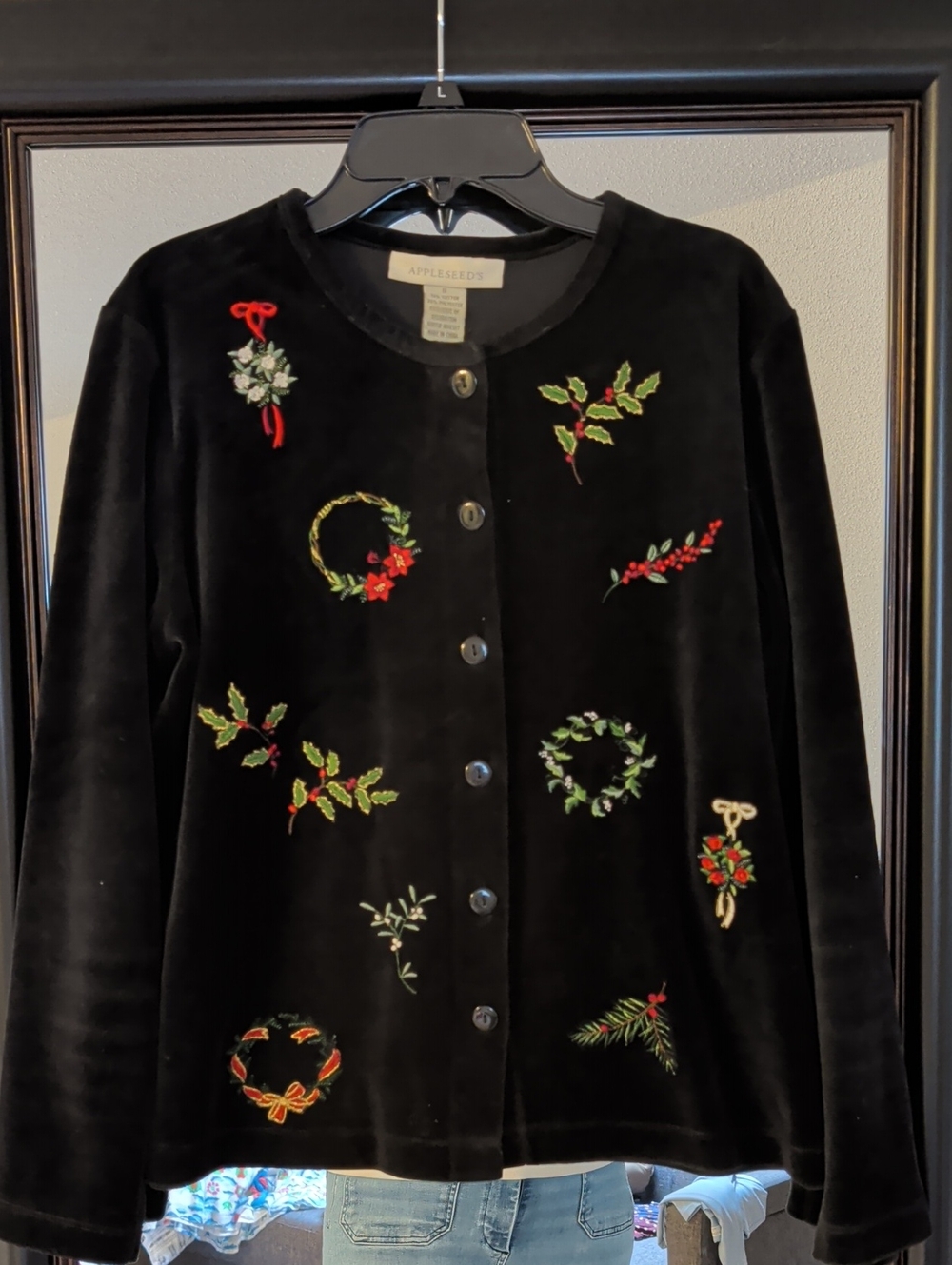 Appleseed Black Velvet Grannycore Embroidered HolidayCardigan Size S